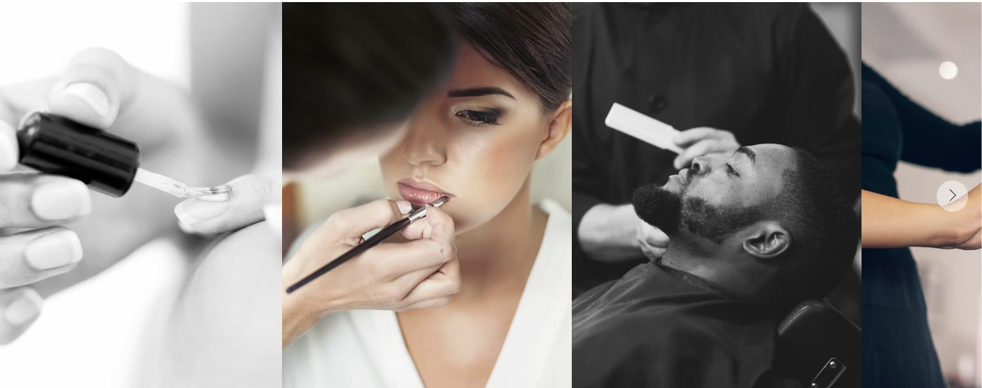 Collage of beauty professions — nail care, makeup artistry, and barbering